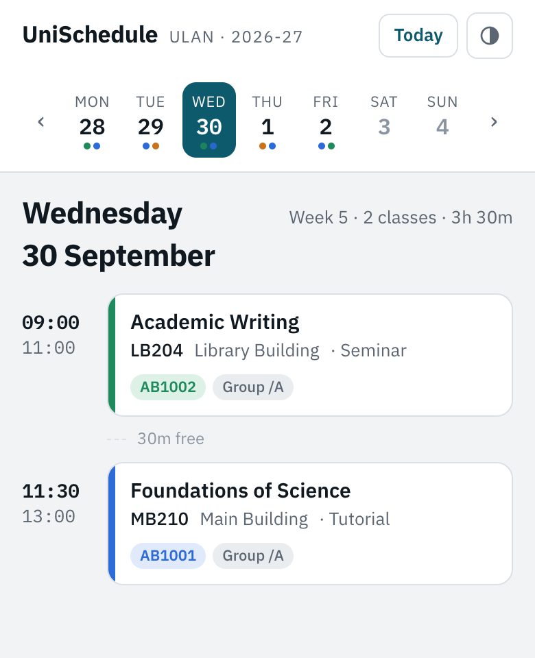 UniSchedule on a phone, showing two classes for Wednesday with times, rooms and buildings.