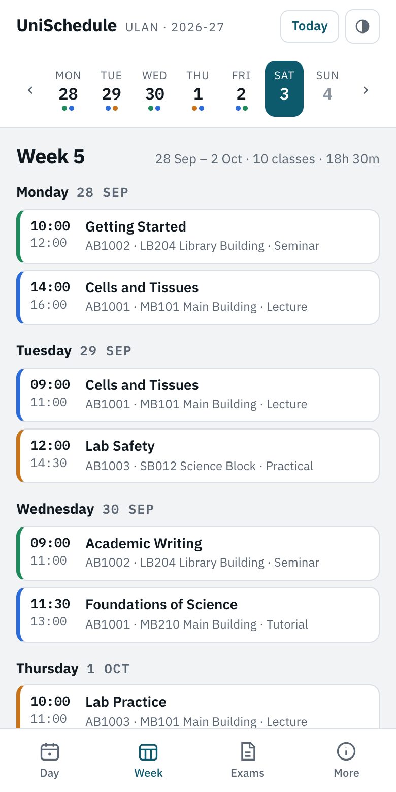 Week view: every class for the week in one list.