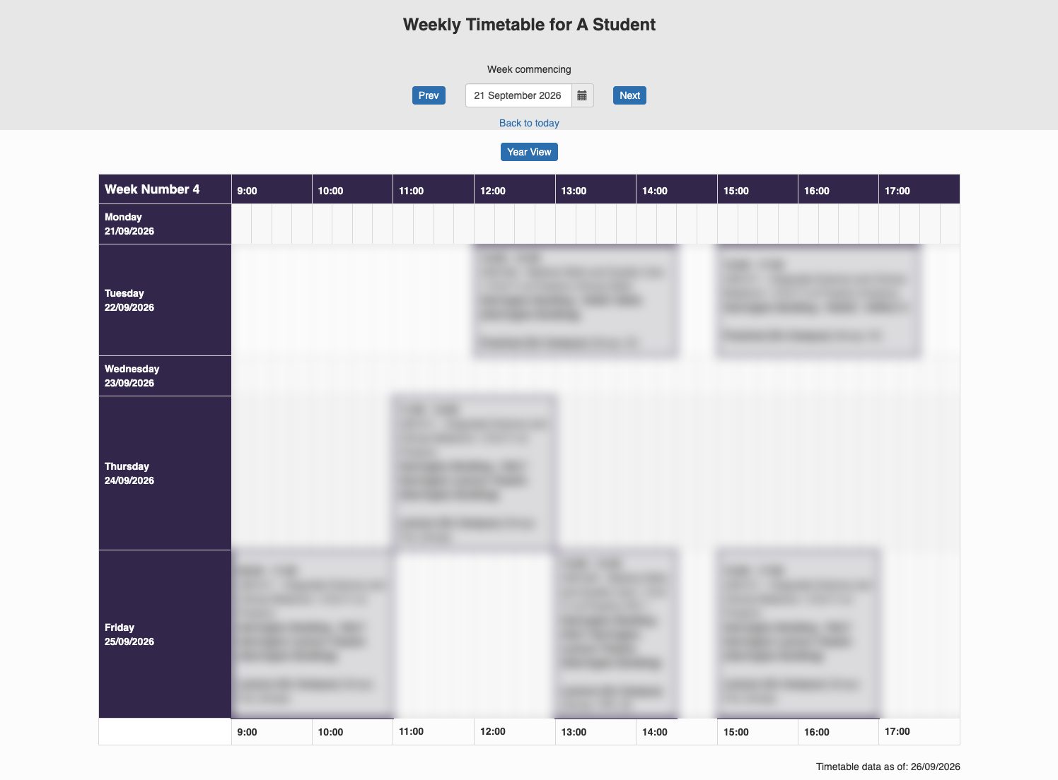 The official ULan weekly timetable: a wide grid of small grey boxes packed with text.